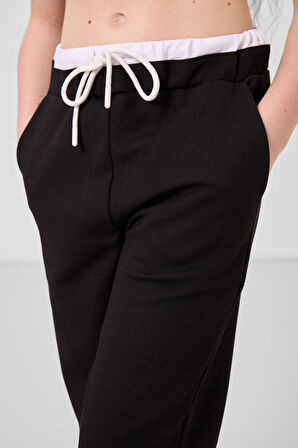 Beyaz-Siyah O Yaka Baskılı Geniş Paça Standart Fit Kız Çocuk Palazzo Eşofman Takım - 75171