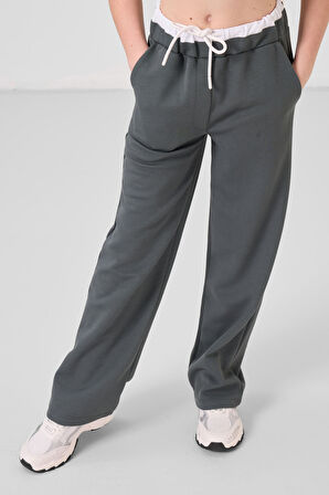 Beyaz-Haki O Yaka Baskılı Geniş Paça Standart Fit Kız Çocuk Palazzo Eşofman Takım - 75171