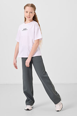 Beyaz-Haki O Yaka Baskılı Geniş Paça Standart Fit Kız Çocuk Palazzo Eşofman Takım - 75171