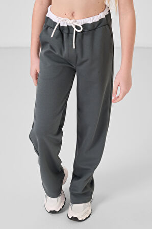 Beyaz-Haki O Yaka Baskılı Geniş Paça Standart Fit Kız Çocuk Palazzo Eşofman Takım - 75171