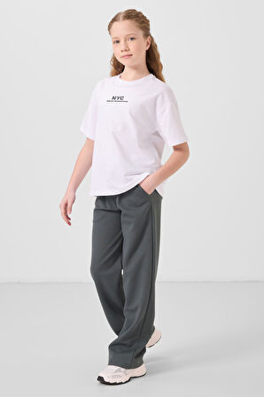 Beyaz-Haki O Yaka Baskılı Geniş Paça Standart Fit Kız Çocuk Palazzo Eşofman Takım - 75171