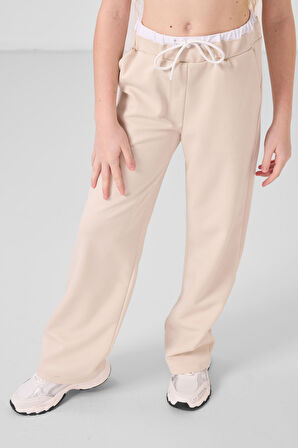 Beyaz-Bej O Yaka Baskılı Geniş Paça Standart Fit Kız Çocuk Palazzo Eşofman Takım - 75171