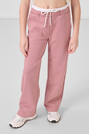 Beyaz-Gül Kurusu O Yaka Baskılı Geniş Paça Standart Fit Kız Çocuk Palazzo Eşofman Takım - 75171