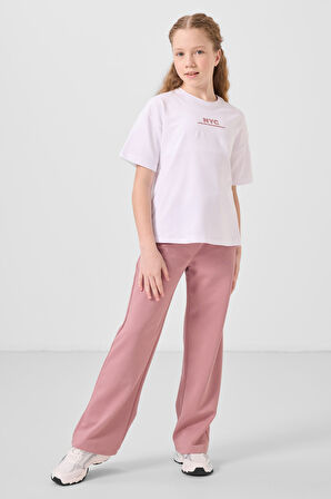 Beyaz-Gül Kurusu O Yaka Baskılı Geniş Paça Standart Fit Kız Çocuk Palazzo Eşofman Takım - 75171