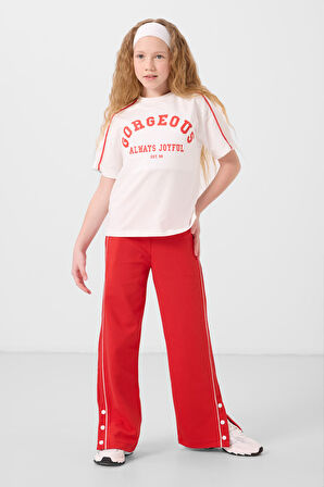 Ekru-Fiesta O Yaka Baskılı Geniş Paça Çıt Çıt Detaylı Kız Çocuk Palazzo Eşofman Takım - 75172