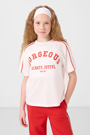 Ekru-Fiesta O Yaka Baskılı Geniş Paça Çıt Çıt Detaylı Kız Çocuk Palazzo Eşofman Takım - 75172