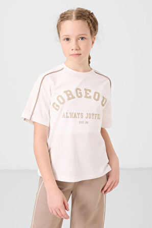 Ekru-Koyu Bej O Yaka Baskılı Geniş Paça Çıt Çıt Detaylı Kız Çocuk Palazzo Eşofman Takım - 75172