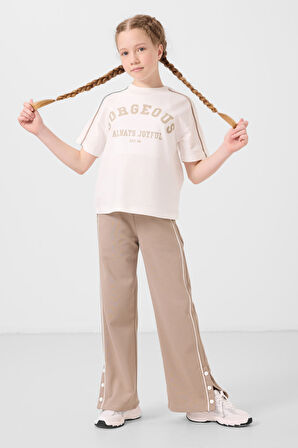 Ekru-Koyu Bej O Yaka Baskılı Geniş Paça Çıt Çıt Detaylı Kız Çocuk Palazzo Eşofman Takım - 75172