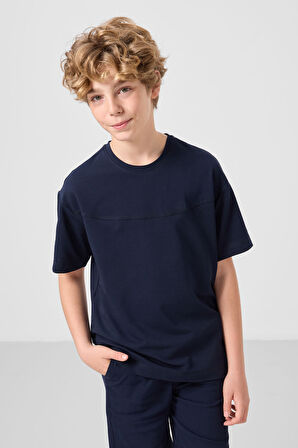 Lacivert Pamuklu Oversize Fit Dokuma Hafif Esnek Chino Erkek Çocuk Şort Takım - 11279