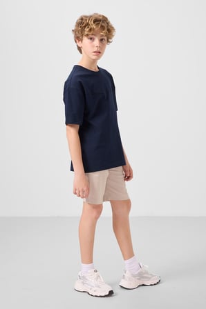 Lacivert-Taş Pamuklu Oversize Fit Dokuma Hafif Esnek Chino Erkek Çocuk Şort Takım - 11279