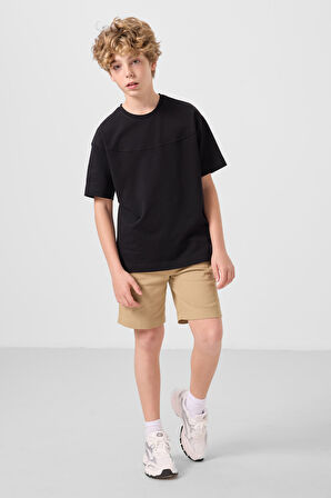 Siyah-Koyu Bej Pamuklu Oversize Fit Dokuma Hafif Esnek Chino Erkek Çocuk Şort Takım - 11279