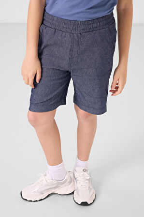 Koyu Mavi-Kot Lacivert Pamuklu Oversize Fit Dokuma Hafif Esnek Chino Erkek Çocuk Şort Takım - 11279