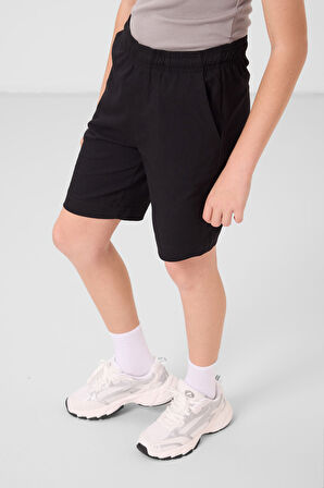 Siyah Pamuklu Oversize Fit Dokuma Hafif Esnek Chino Erkek Çocuk Şort Takım - 11278