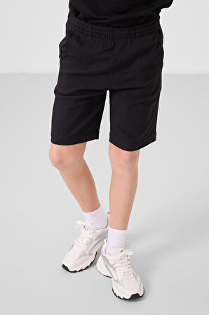 Siyah Pamuklu Oversize Fit Dokuma Hafif Esnek Chino Erkek Çocuk Şort Takım - 11277