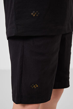 Siyah Pamuklu Oversize Fit Dokuma Hafif Esnek Chino Erkek Çocuk Şort Takım - 11277