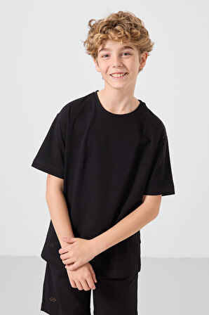 Siyah Pamuklu Oversize Fit Dokuma Hafif Esnek Chino Erkek Çocuk Şort Takım - 11277