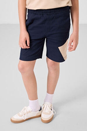 Bej-Lacivert Pamuklu Oversize Fit Dokuma Hafif Esnek Chino Erkek Çocuk Şort Takım - 11275