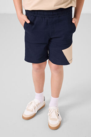 Bej-Lacivert Pamuklu Oversize Fit Dokuma Hafif Esnek Chino Erkek Çocuk Şort Takım - 11275