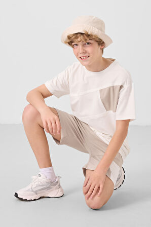 Ekru-Taş Pamuklu Oversize Fit Dokuma Hafif Esnek Chino Erkek Çocuk Şort Takım - 11275