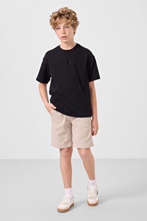 Siyah-Taş Pamuklu Oversize Fit Dokuma Hafif Esnek Chino Erkek Çocuk Şort Takım - 11276