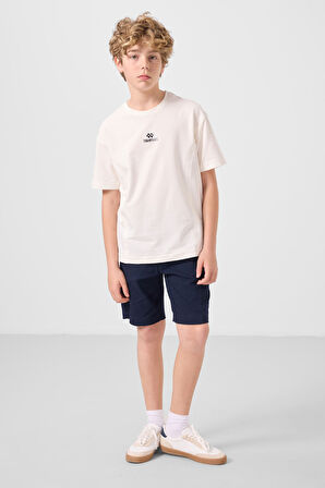 Ekru-Lacivert Pamuklu Oversize Fit Dokuma Hafif Esnek Chino Erkek Çocuk Şort Takım - 11276