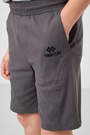 Taş-Antrasit Pamuklu Oversize Fit Dokuma Hafif Esnek Chino Erkek Çocuk Şort Takım - 11276