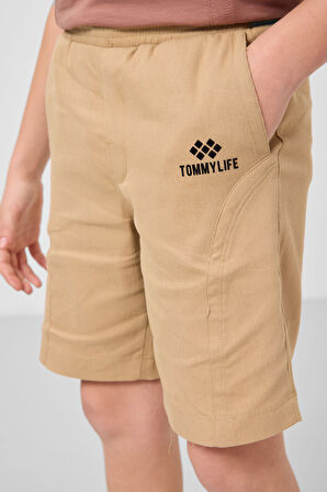 Tarçın-Koyu Bej Pamuklu Oversize Fit Dokuma Hafif Esnek Chino Erkek Çocuk Şort Takım - 11276