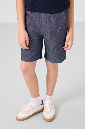 Lacivert-Kot Lacivert Pamuklu Oversize Fit Dokuma Hafif Esnek Chino Erkek Çocuk Şort Takım - 11276