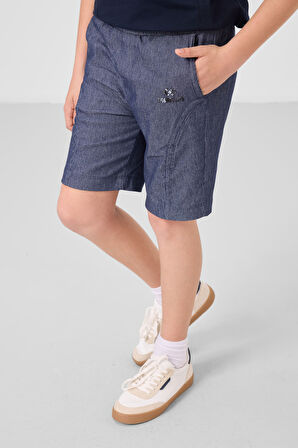 Lacivert-Kot Lacivert Pamuklu Oversize Fit Dokuma Hafif Esnek Chino Erkek Çocuk Şort Takım - 11276