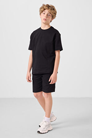 Siyah Pamuklu Oversize Fit Dokuma Hafif Esnek Chino Erkek Çocuk Şort Takım - 11276