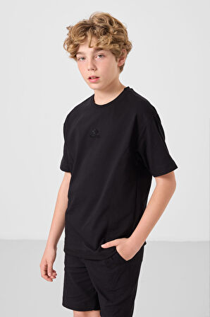 Siyah Pamuklu Oversize Fit Dokuma Hafif Esnek Chino Erkek Çocuk Şort Takım - 11276