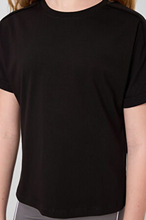 Siyah Pamuklu O Yaka Oversize Fit Basic Kız Çocuk T-Shirt - 75182