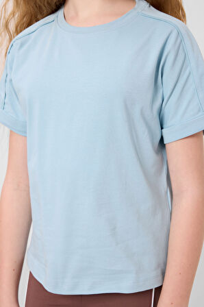 Açık Mavi Pamuklu O Yaka Oversize Fit Basic Kız Çocuk T-Shirt - 75182