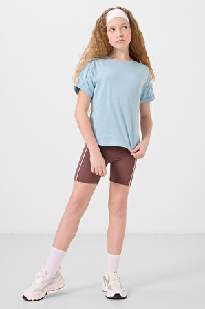 Açık Mavi Pamuklu O Yaka Oversize Fit Basic Kız Çocuk T-Shirt - 75182