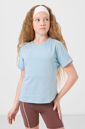 Açık Mavi Pamuklu O Yaka Oversize Fit Basic Kız Çocuk T-Shirt - 75182