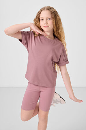 Gül Kurusu Pamuklu O Yaka Oversize Fit Basic Kız Çocuk T-Shirt - 75182