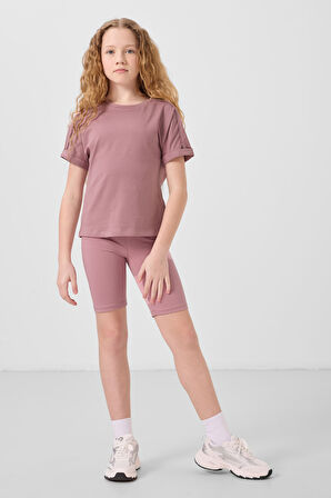 Gül Kurusu Pamuklu O Yaka Oversize Fit Basic Kız Çocuk T-Shirt - 75182