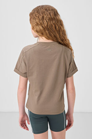 Koyu Bej Pamuklu O Yaka Oversize Fit Basic Kız Çocuk T-Shirt - 75182