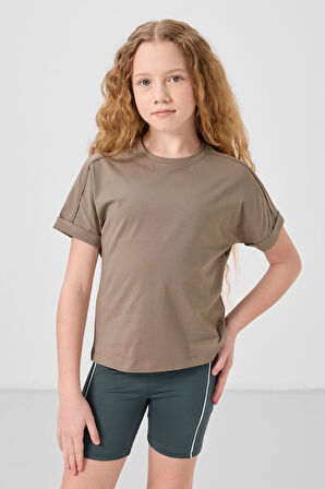 Koyu Bej Pamuklu O Yaka Oversize Fit Basic Kız Çocuk T-Shirt - 75182