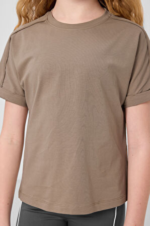 Koyu Bej Pamuklu O Yaka Oversize Fit Basic Kız Çocuk T-Shirt - 75182