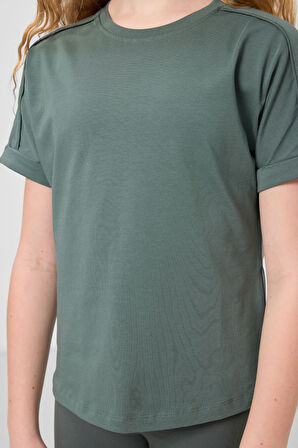 Açık Yeşil Pamuklu O Yaka Oversize Fit Basic Kız Çocuk T-Shirt - 75182