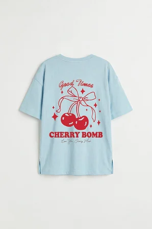 Açık Mavi Oversize Kısa Kollu Baskılı Kız Çocuk T-Shirt - 75176