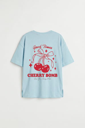Açık Mavi Oversize Kısa Kollu Baskılı Kız Çocuk T-Shirt - 75176