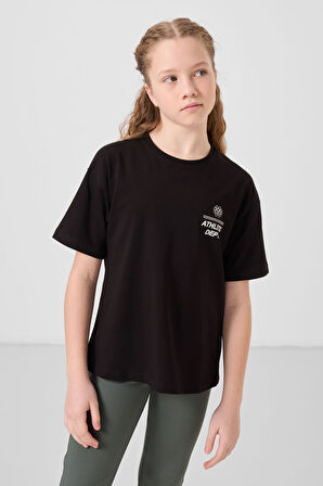 Siyah Pamuklu O Yaka Oversize Fit Baskılı Kız Çocuk T-Shirt - 75178
