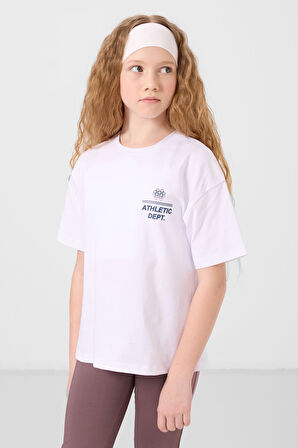 Beyaz Pamuklu O Yaka Oversize Fit Baskılı Kız Çocuk T-Shirt - 75178