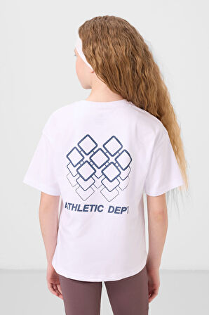 Beyaz Pamuklu O Yaka Oversize Fit Baskılı Kız Çocuk T-Shirt - 75178