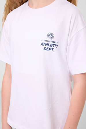 Beyaz Pamuklu O Yaka Oversize Fit Baskılı Kız Çocuk T-Shirt - 75178