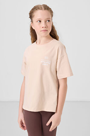 Bej Pamuklu O Yaka Oversize Fit Baskılı Kız Çocuk T-Shirt - 75178