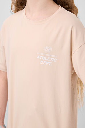 Bej Pamuklu O Yaka Oversize Fit Baskılı Kız Çocuk T-Shirt - 75178