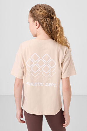 Bej Pamuklu O Yaka Oversize Fit Baskılı Kız Çocuk T-Shirt - 75178